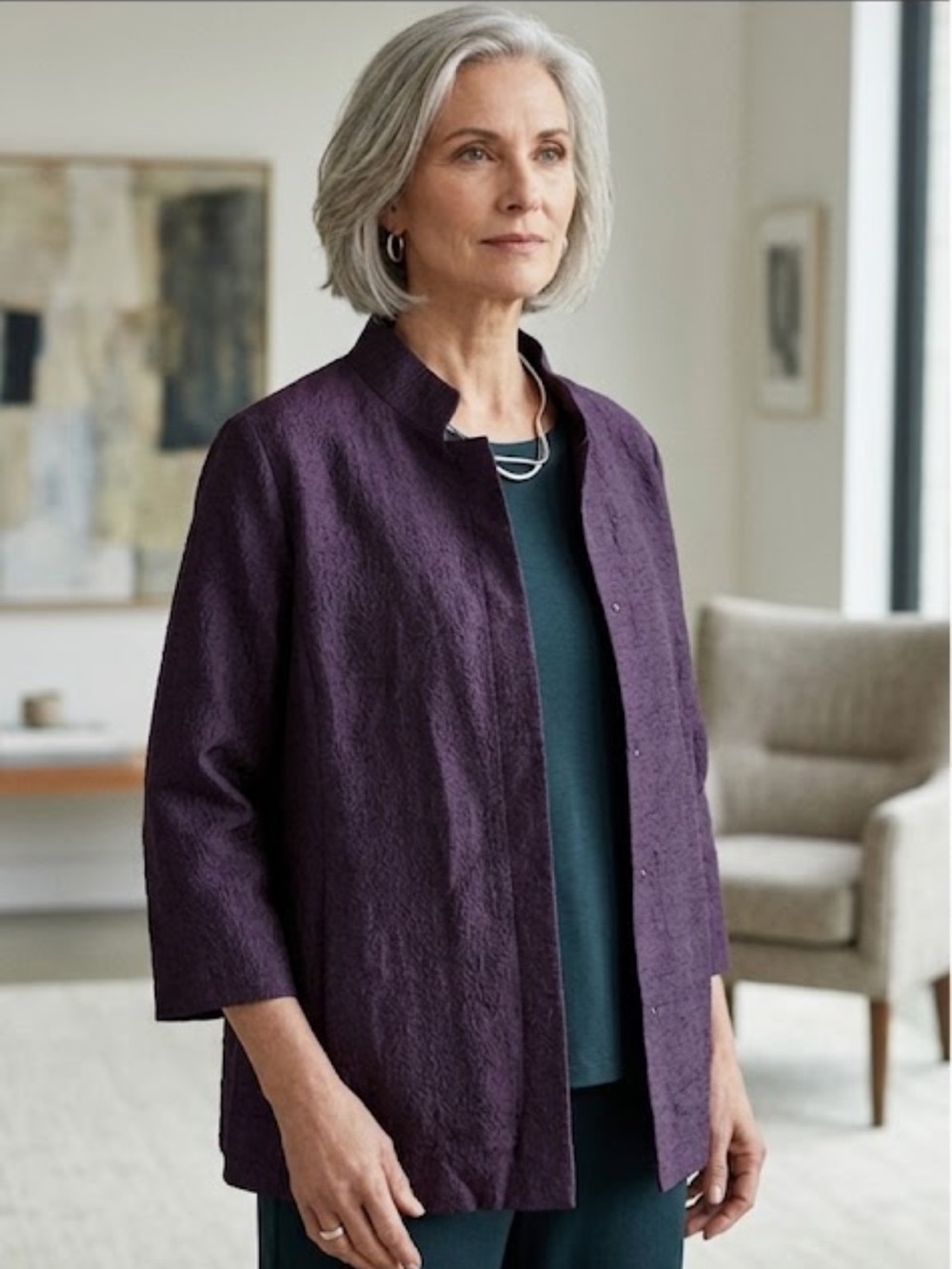 Eileen Fisher 100% Silk Purple Textured Stand Collar Snap Front Lined Jacket 1X